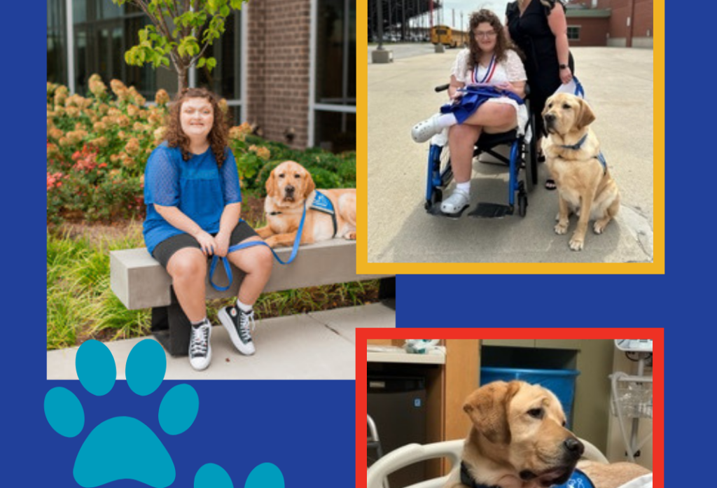 Collage featuring Tendercare's blue, red, teal, and gold. The images are Hector the service dog and his owner Chelsea