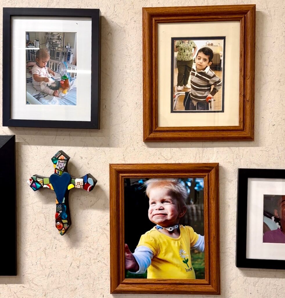 Image of different picture frames from the Tendercare offices featuring a cross and pictures of patients.